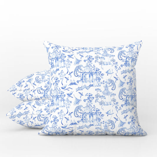 Monkey Jungle Outdoor Pillows Chinoiserie Soft Blue Toile