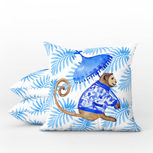 Borneo II Outdoor Pillows Chinoiserie Monkey Palm Blue