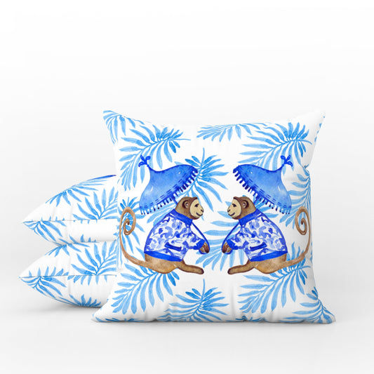 Borneo Outdoor Pillows Chinoiserie Monkey Palm Blue