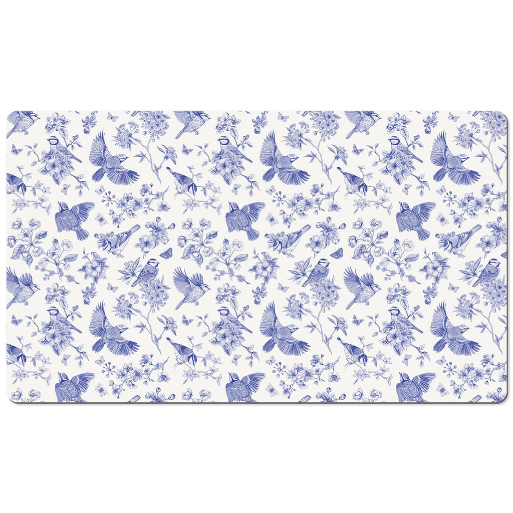 Blue Tit Garden Desk Mat Blue Toile de Jouy Floral