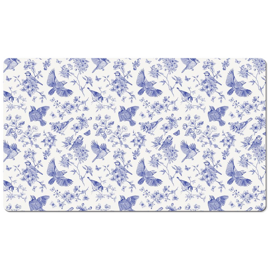 Blue Tit Garden Desk Mat Blue Toile de Jouy Floral