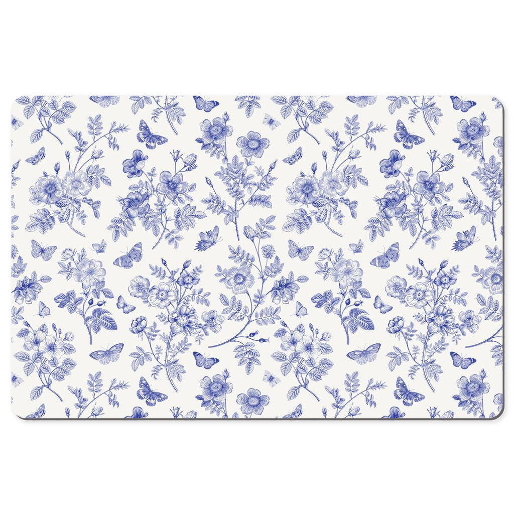 Butterfly Garden Desk Mat Blue Toile de Jouy Floral