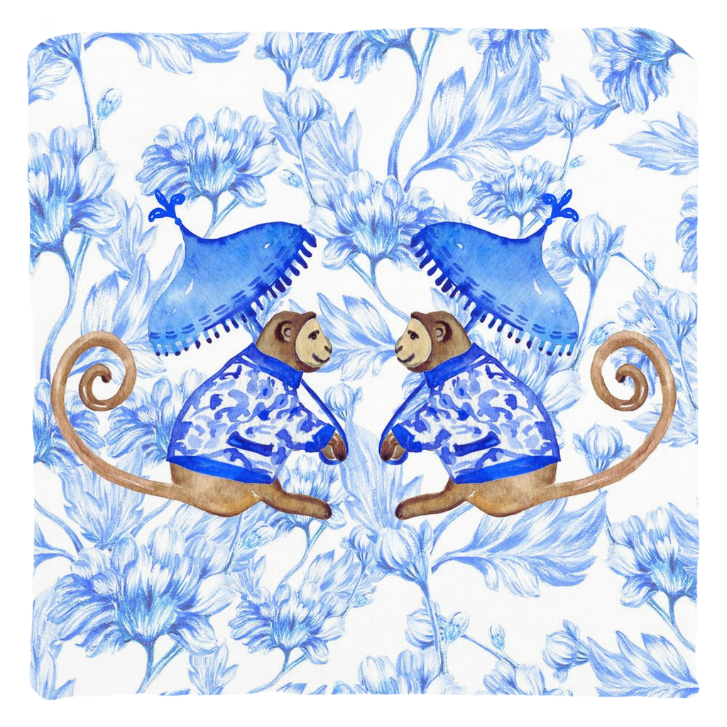 Chinoiserie Monkeys Cotton Pillows Blue Floral