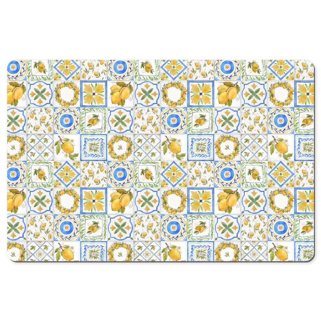 Mediterranean Desk Mat Lemons Tile Print Blue & Yellow