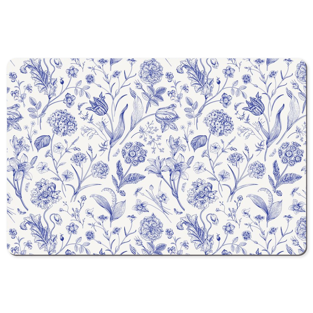 Meadow Tulips Desk Mat Blue Toile de Jouy Floral