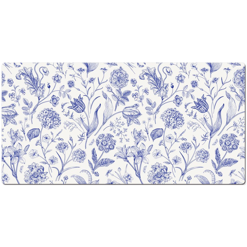 Meadow Tulips Desk Mat Blue Toile de Jouy Floral