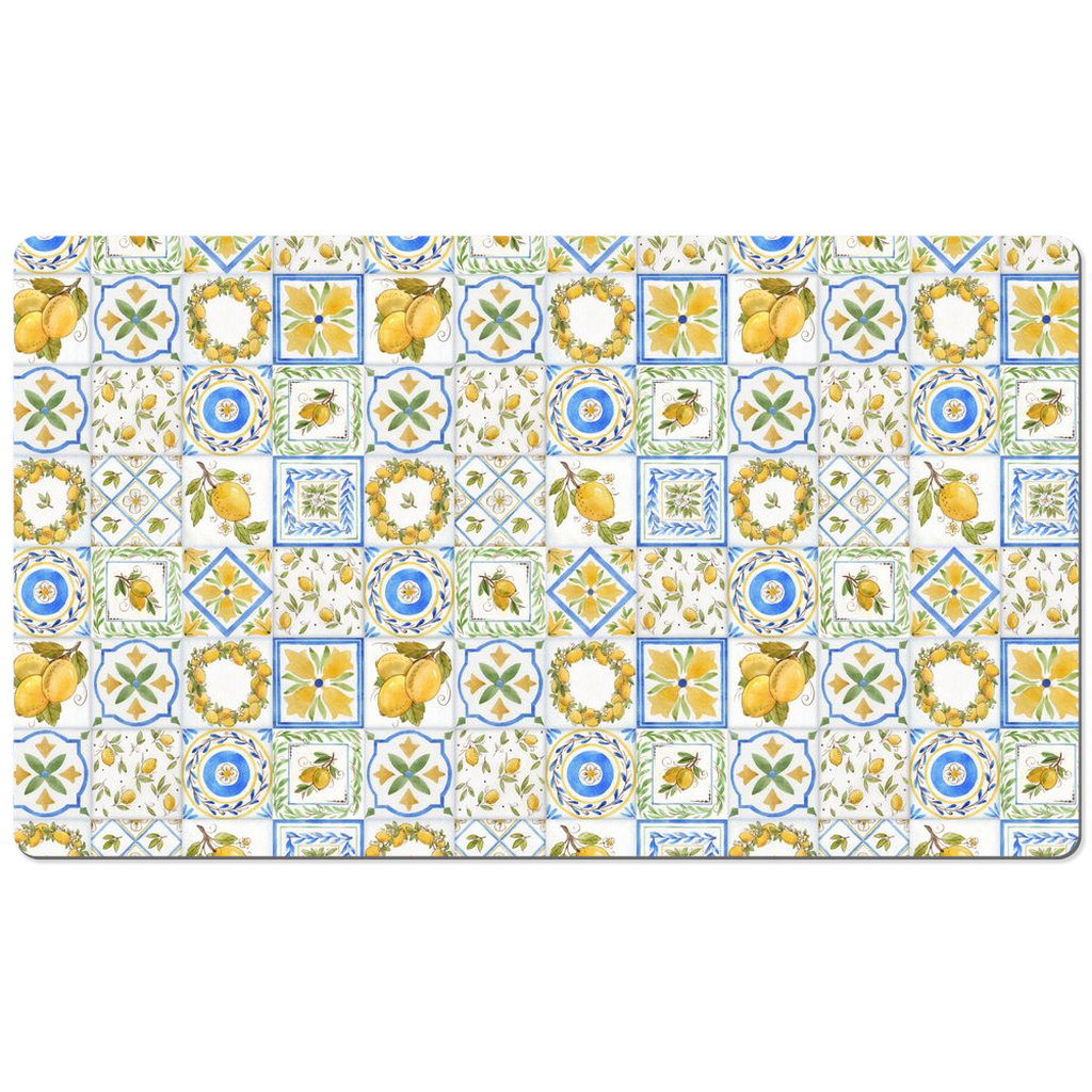 Mediterranean Desk Mat Lemons Tile Print Blue & Yellow