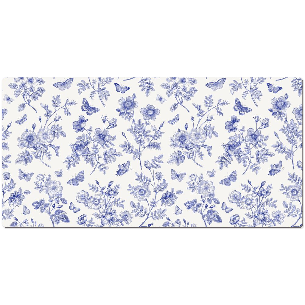 Butterfly Garden Desk Mat Blue Toile de Jouy Floral