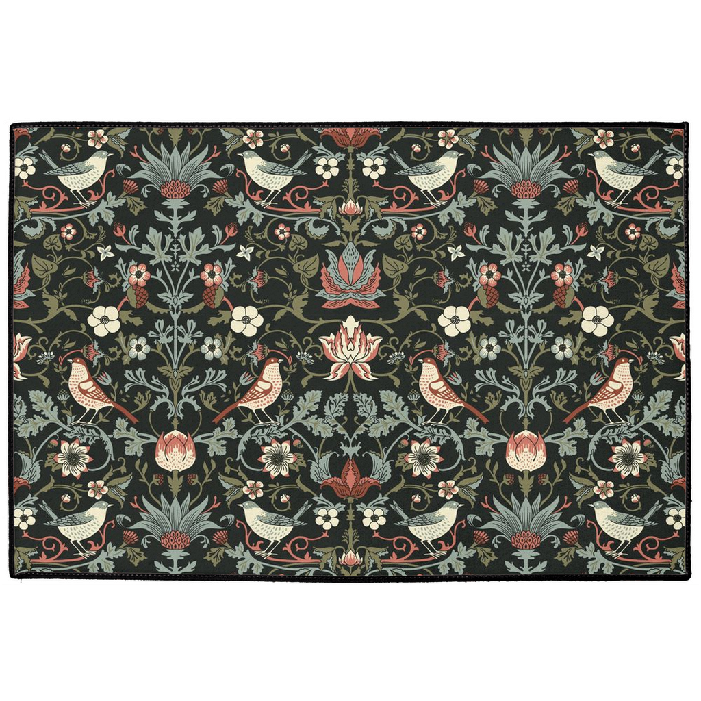 Enchanted Strawberry Thief Indoor/Outdoor Floor Mat William Morris Black