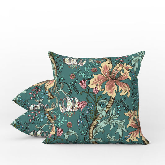 William Morris Outdoor Pillows Enchanted Golden Lily Green Teal