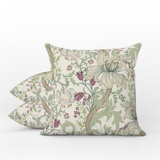 William Morris Outdoor Pillows Enchanted Golden Lily Light Plum Sage