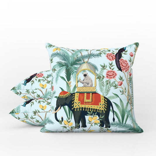 Jaipur Outdoor Pillows Floral Blue Elephant Monkey