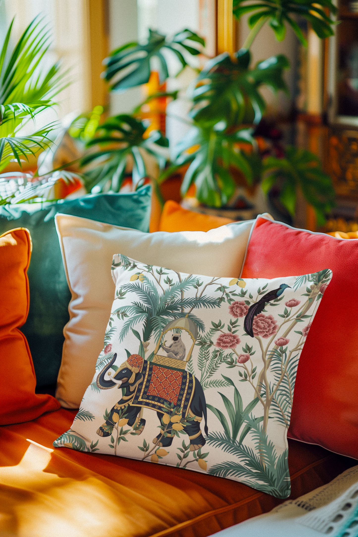 Jaipur Outdoor Pillows Chinoiserie White Monkey Elephant