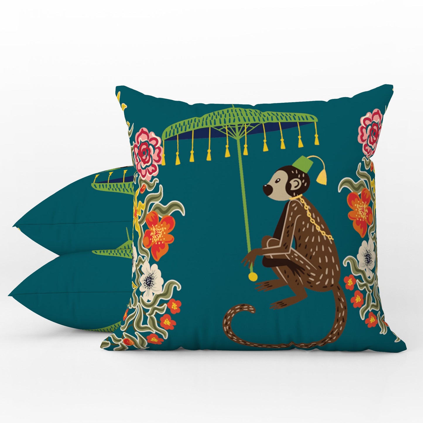 Kuta Outdoor Pillows Teal Chinoiserie Monkey Umbrella