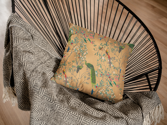 Chinoiserie Outdoor Pillows Golden Oriental Peacock Garden