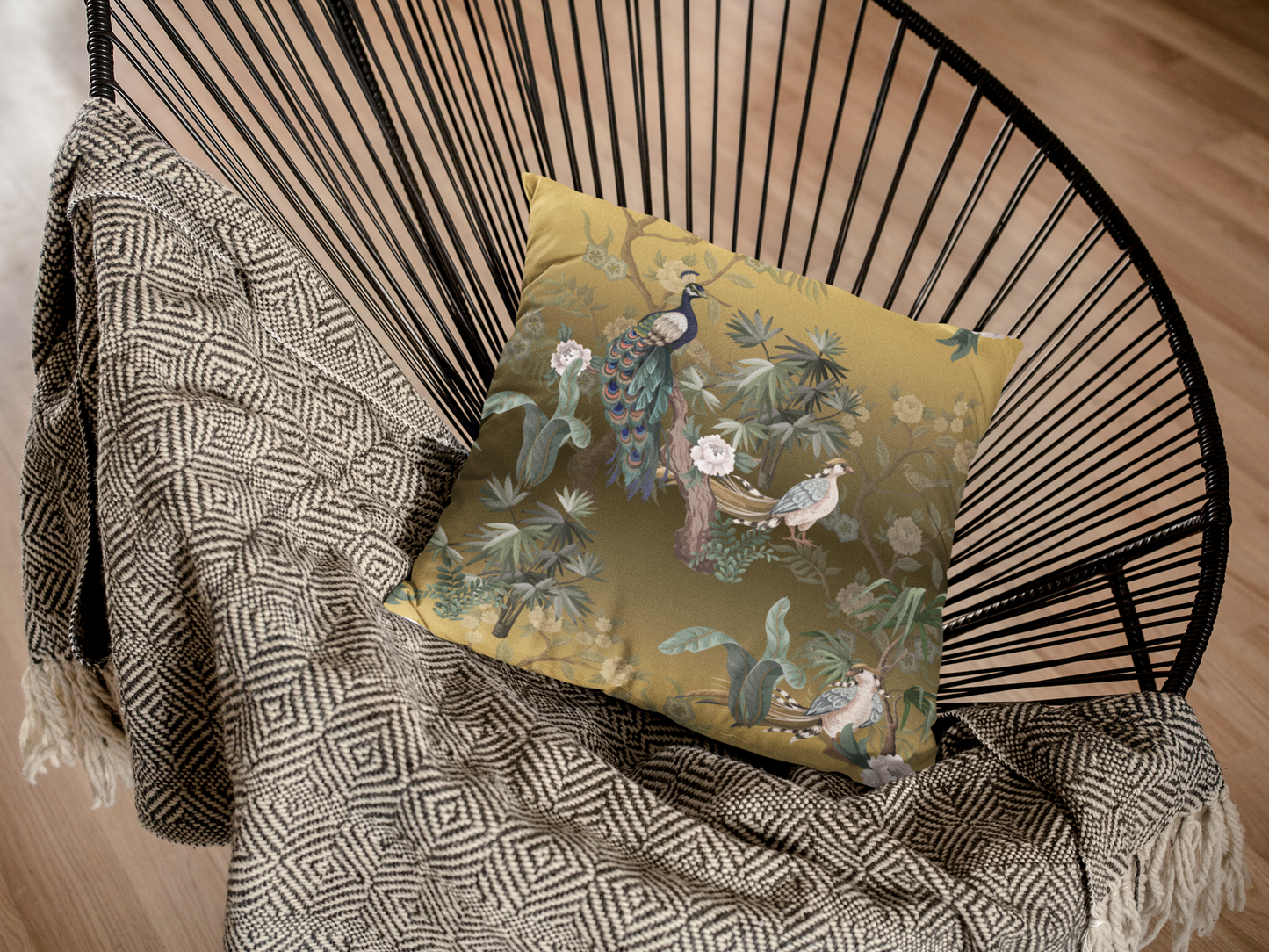 Chinoiserie Outdoor Pillows Golden Peacock Floral