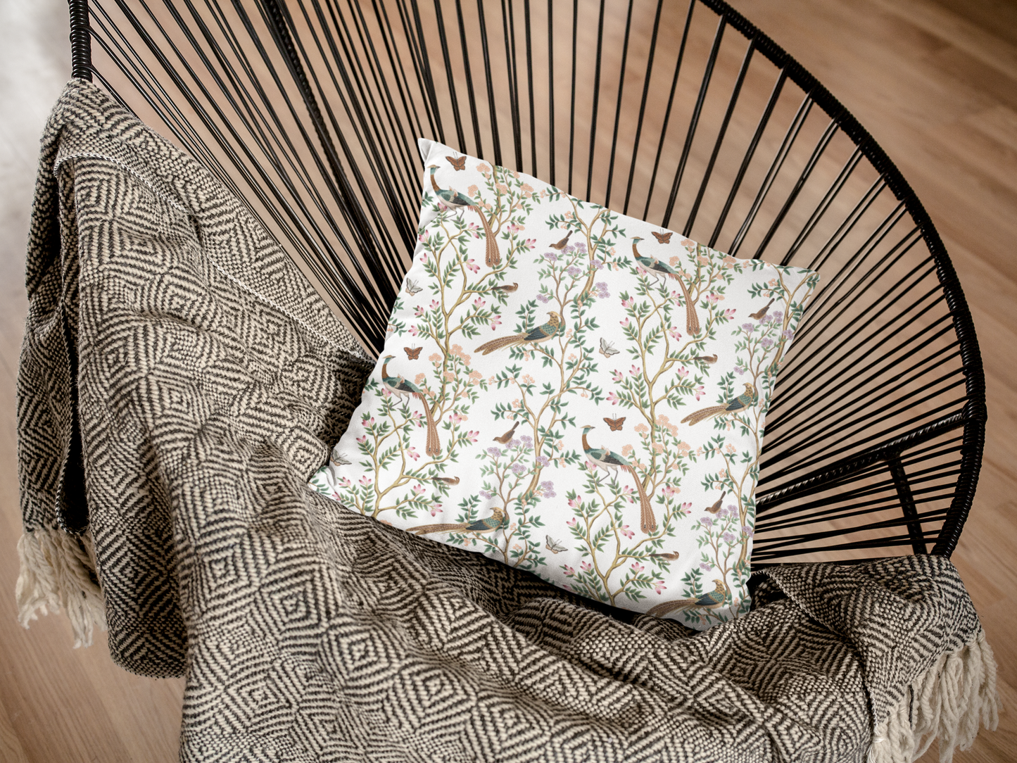 Chinoiserie Outdoor Pillows White Butterfly Bird Garden