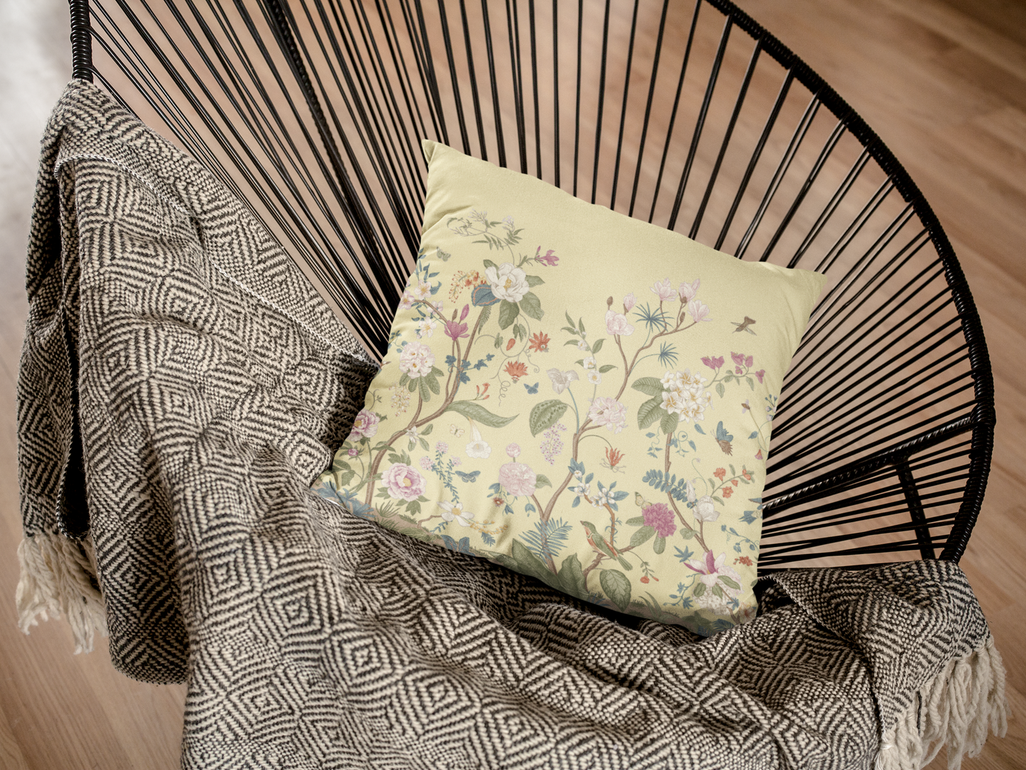 Chinoiserie Fresco Outdoor Pillows Light Lemon Yellow Floral