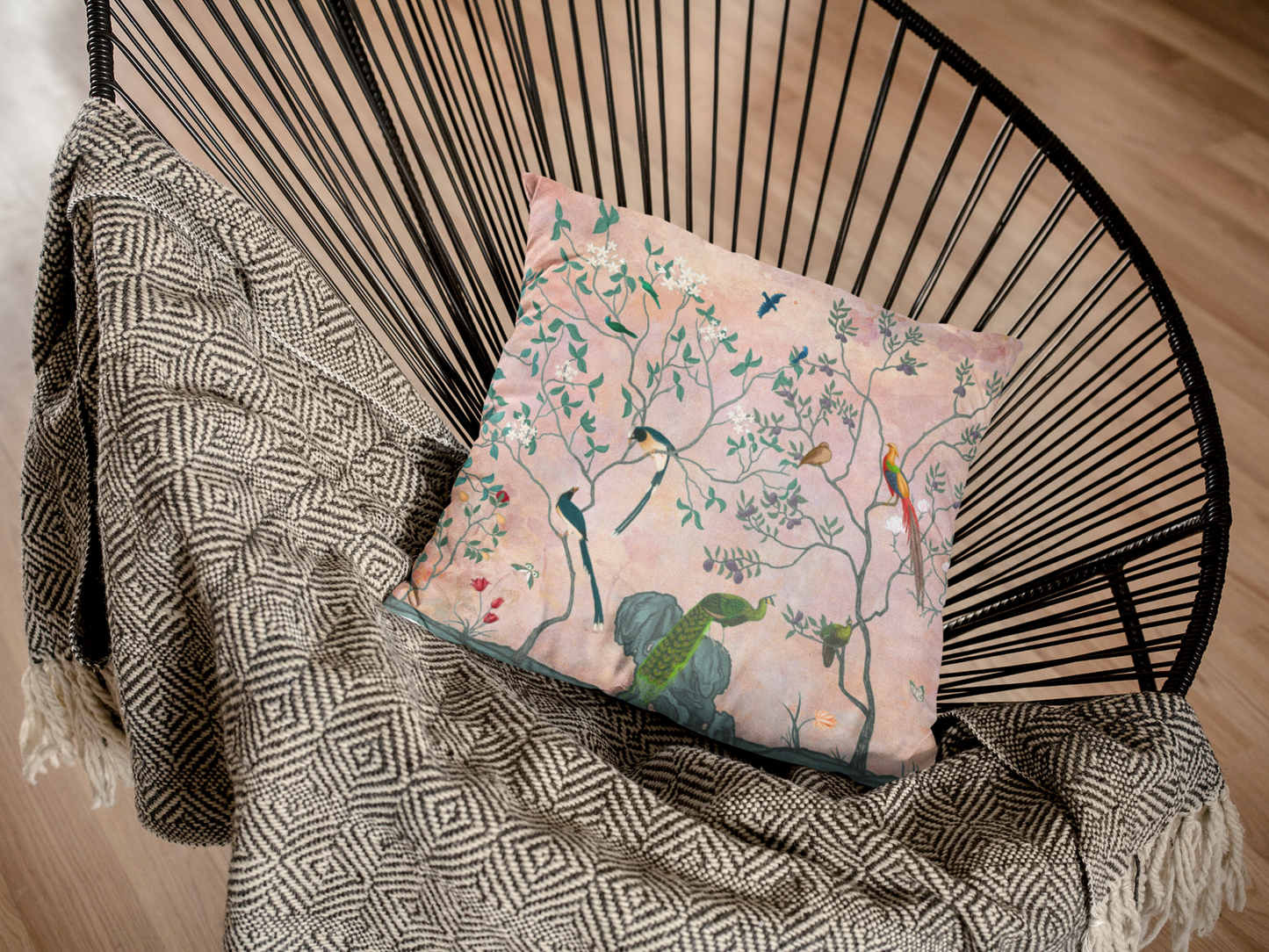Chinoiserie Birds Outdoor Pillows Pink Blush Floral
