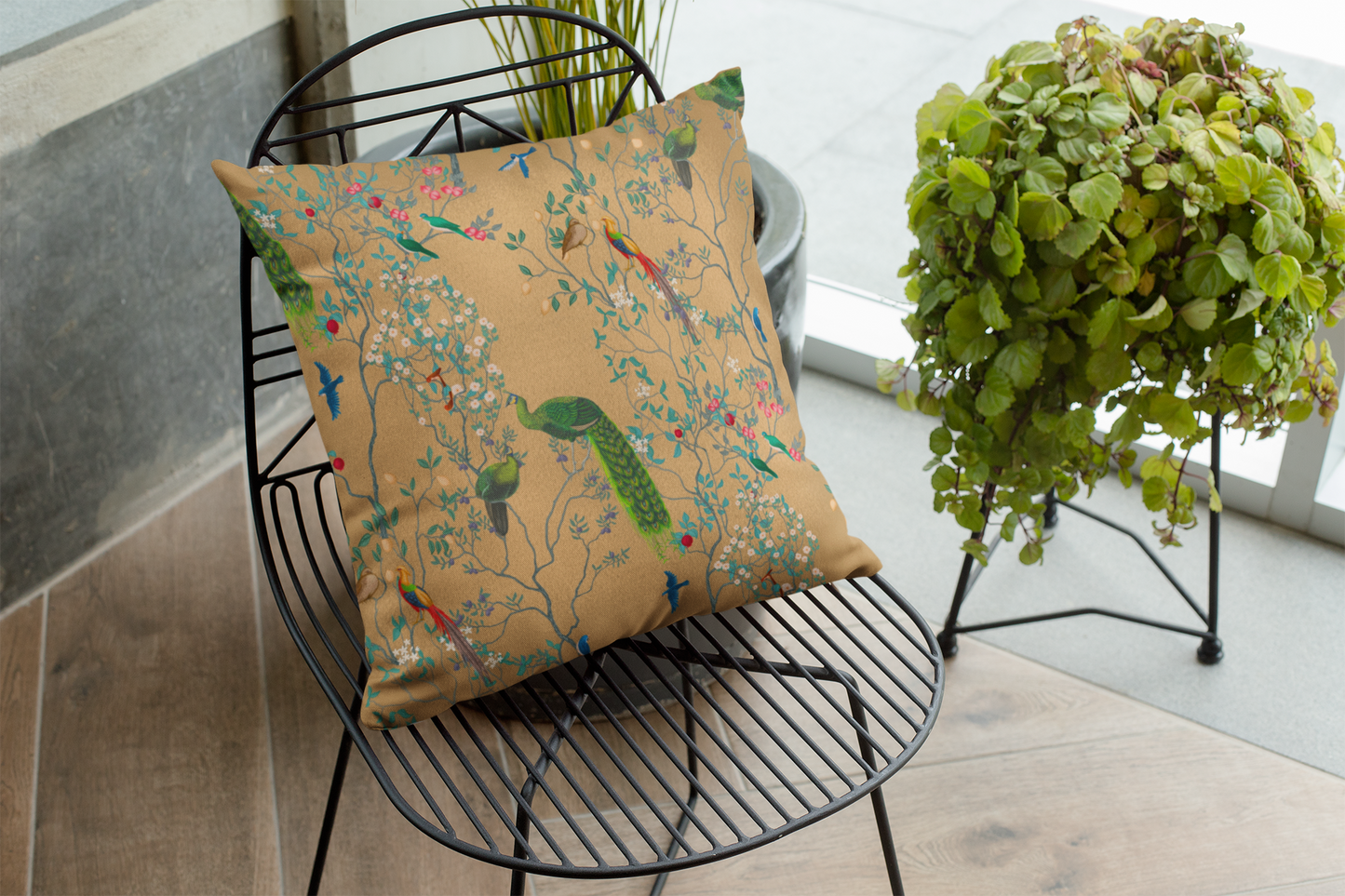 Chinoiserie Outdoor Pillows Golden Oriental Peacock Garden