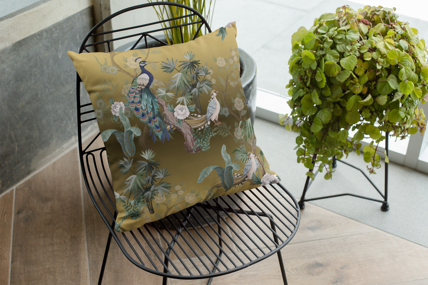 Chinoiserie Outdoor Pillows Golden Peacock Floral