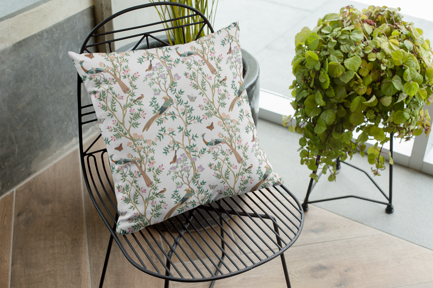 Chinoiserie Outdoor Pillows White Butterfly Bird Garden
