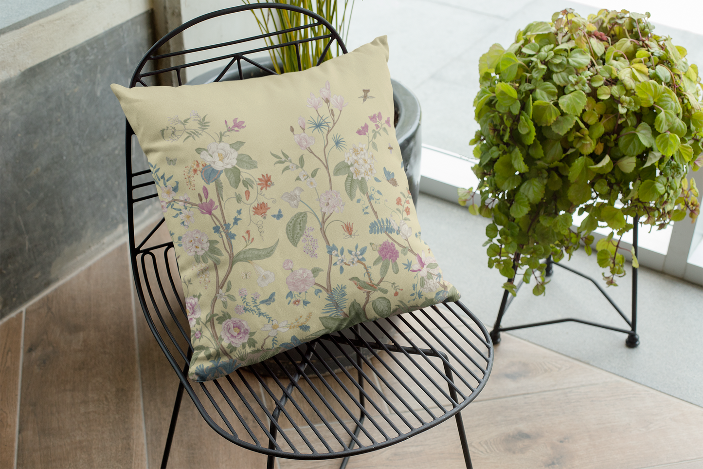 Chinoiserie Fresco Outdoor Pillows Light Lemon Yellow Floral