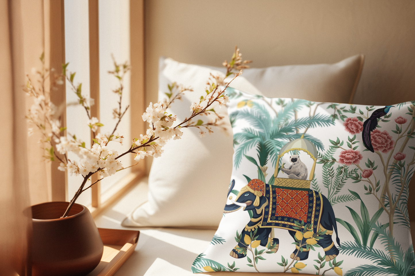 Jaipur Outdoor Pillows Chinoiserie White Monkey Elephant