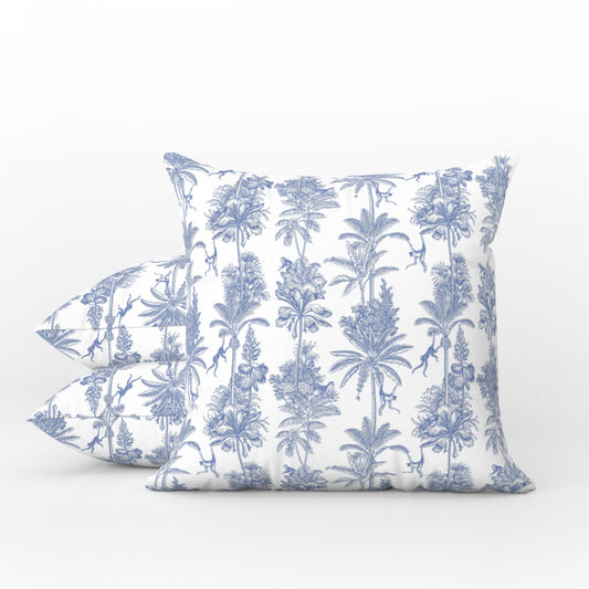 Jungle Toile Outdoor Pillows Monkey Palm Blue