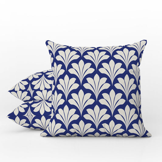 Art Deco Floral Outdoor Pillows Dark Navy Blue