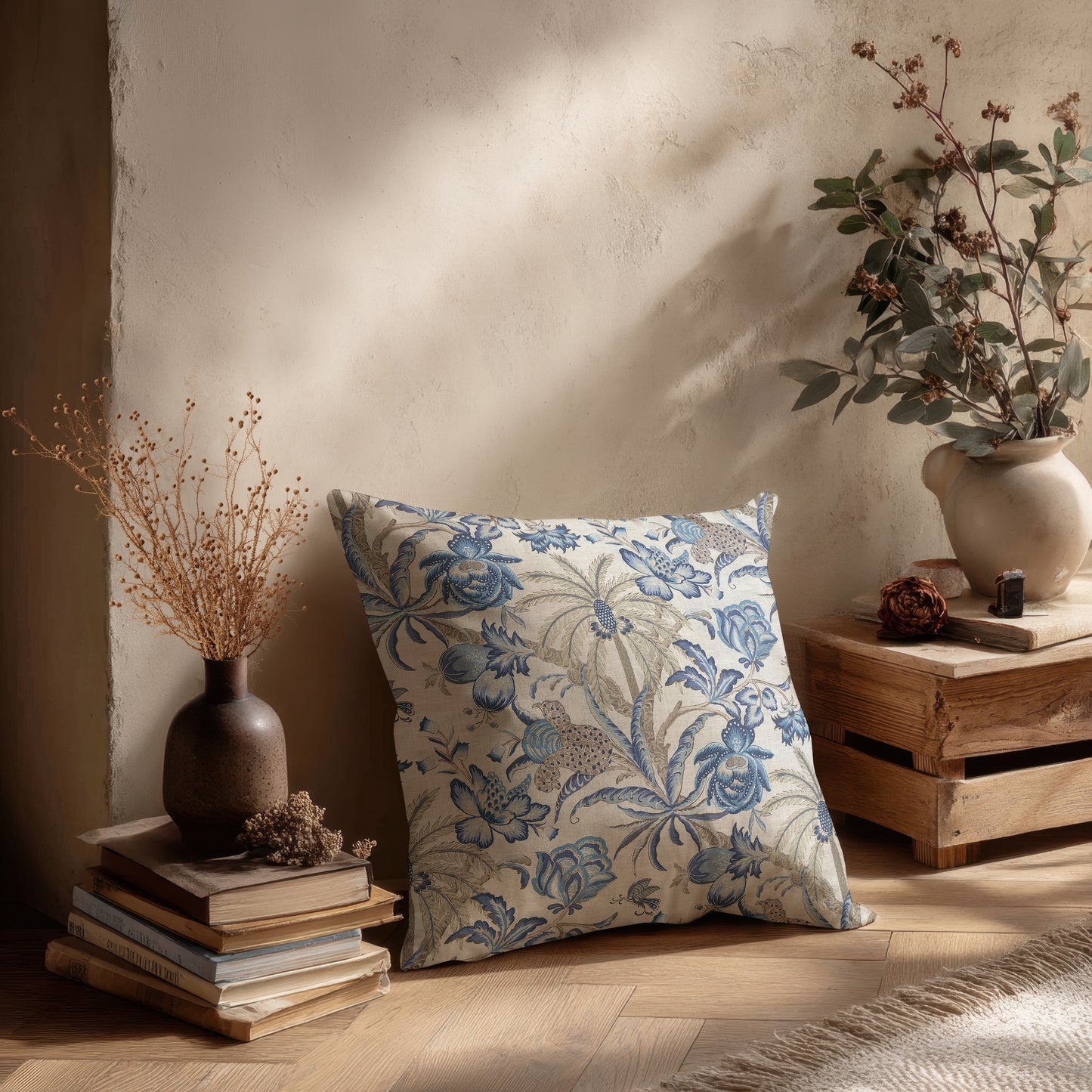 Palm Chintz Cotton Pillow Cover Ecru Blue