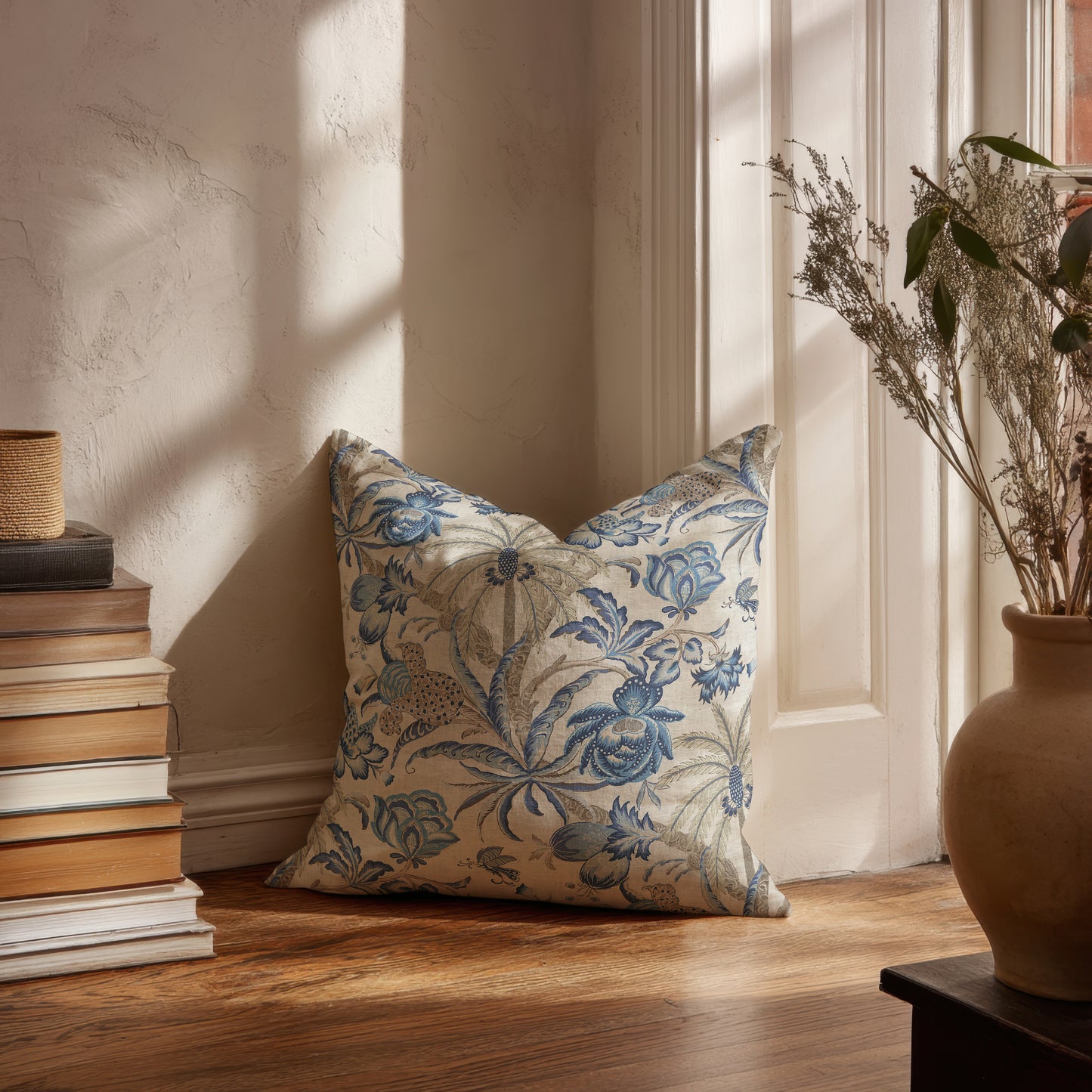 Palm Chintz Cotton Pillow Cover Ecru Blue