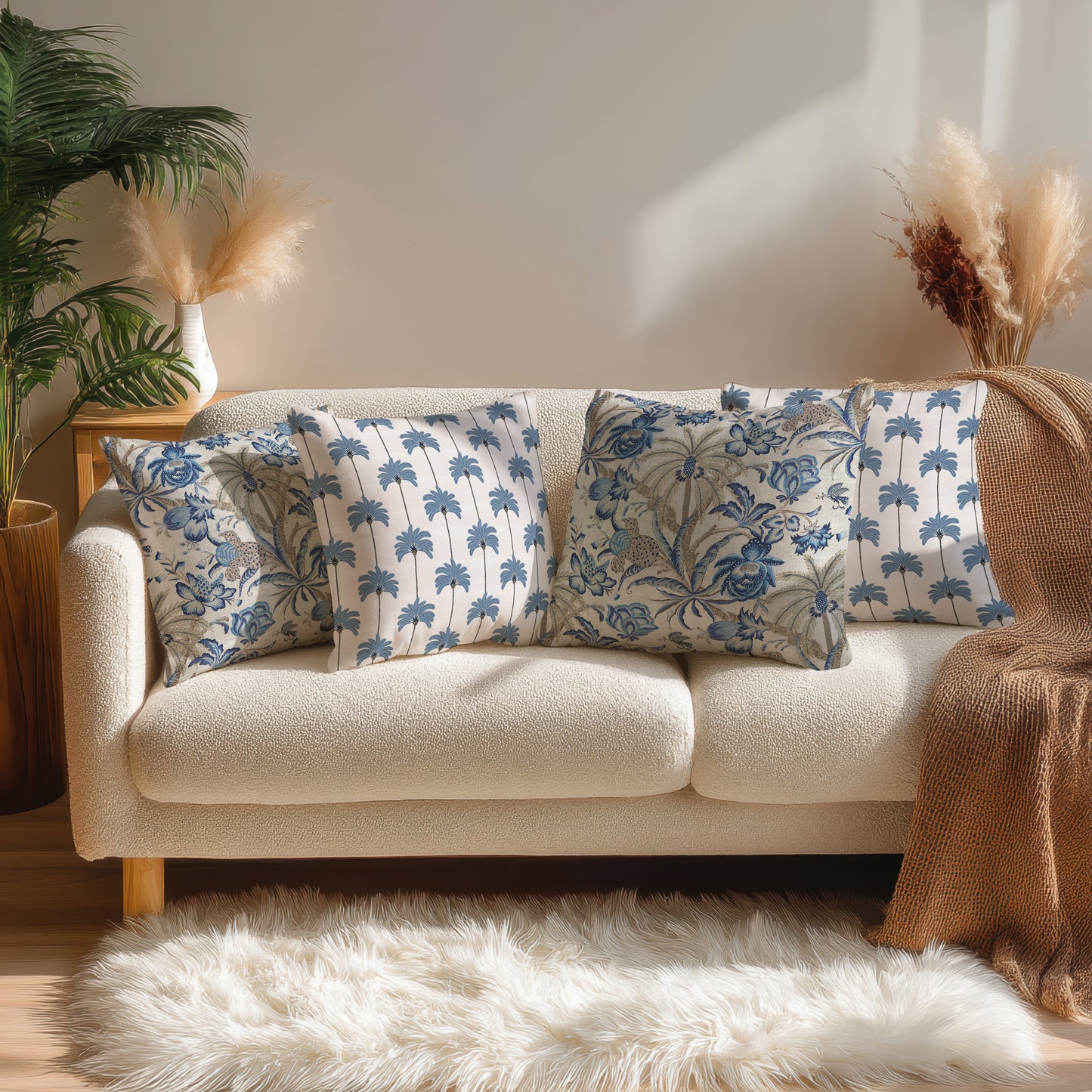 Palm Chintz Cotton Pillow Cover Ecru Blue