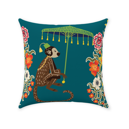 Kuta Chinoiserie Monkey Cotton Pillows Teal Green