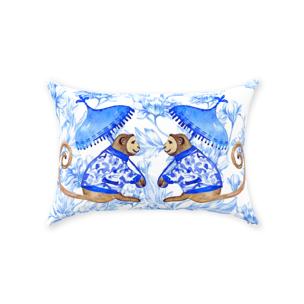 Chinoiserie Monkeys Cotton Pillows Blue Floral