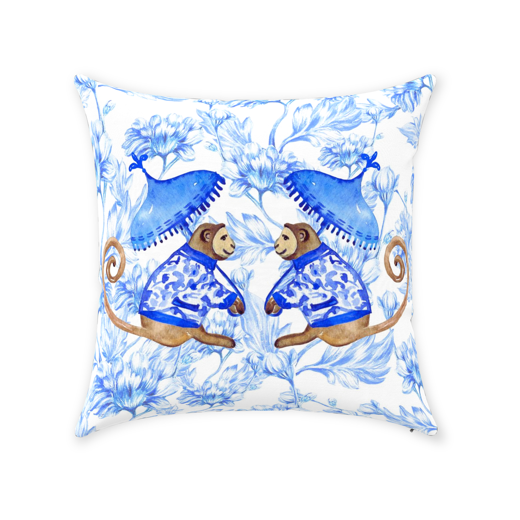 Chinoiserie Monkeys Cotton Pillows Blue Floral