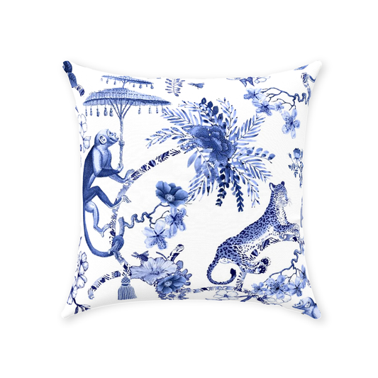 Chinoiserie Jungle Monkeys Cotton Pillows Blue