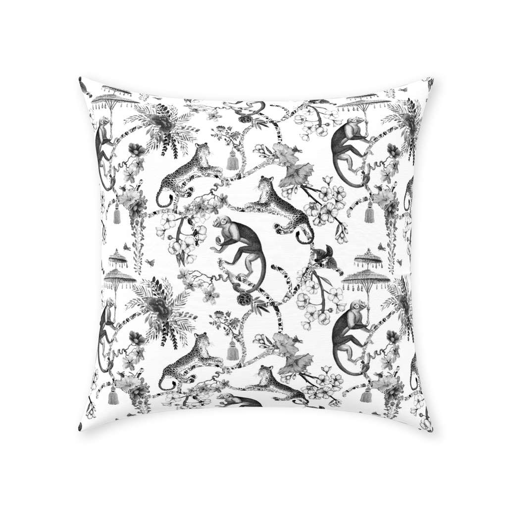 Chinoiserie Monkey Cotton Pillows Black Toile de Jouy