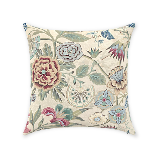 Chintz Cotton Pillow Cover Lotus Antique Ecru Sage Pink