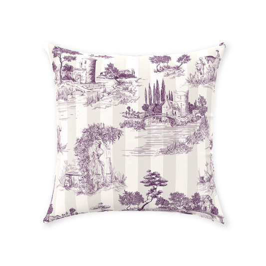 Vintage French Cotton Pillows Plum Cream Stripe Toile de Jouy