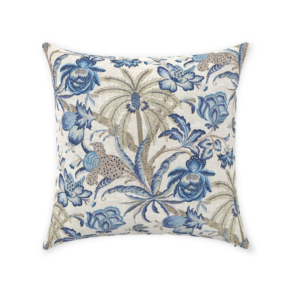 Palm Chintz Cotton Pillow Cover Ecru Blue