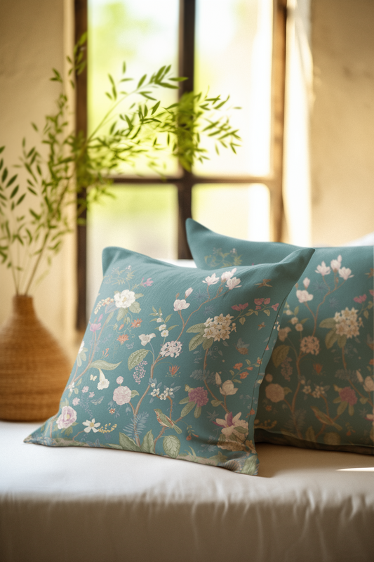 Chinoiserie Fresco Outdoor Pillows Teal Floral