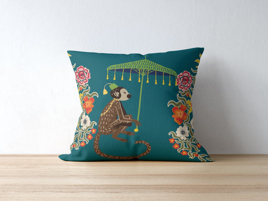 Kuta Chinoiserie Monkey Cotton Pillows Teal Green