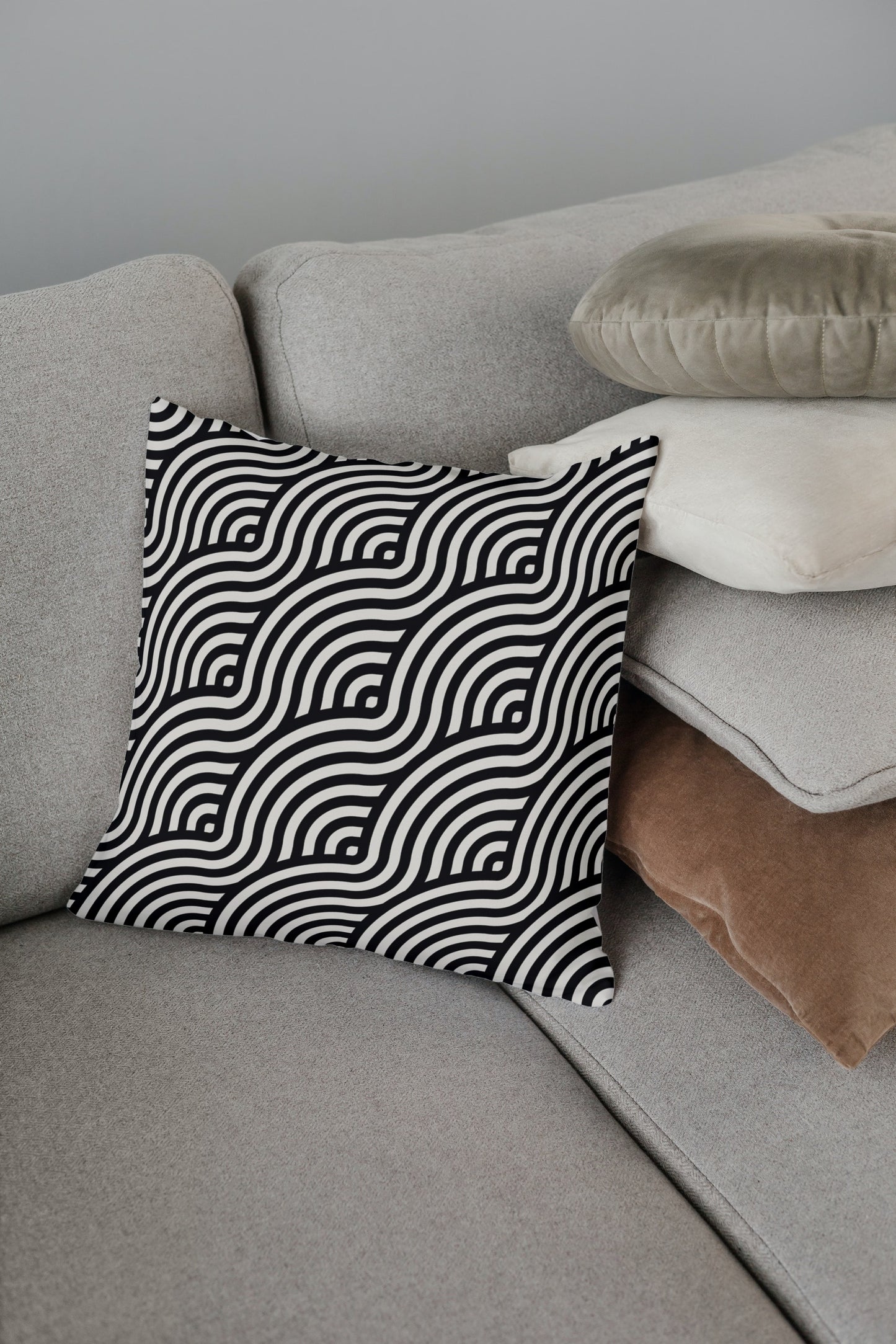 Abstract Geometric Wave Outdoor Pillows Black & White