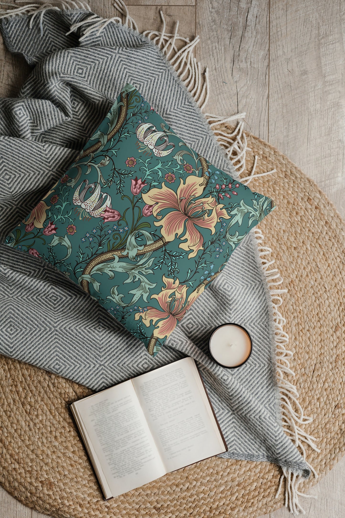 William Morris Outdoor Pillows Enchanted Golden Lily Green Teal