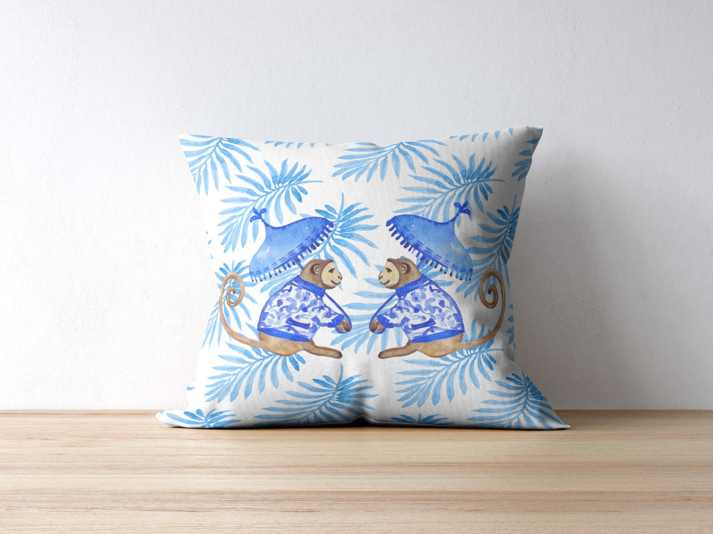 Borneo Outdoor Pillows Chinoiserie Monkey Palm Blue