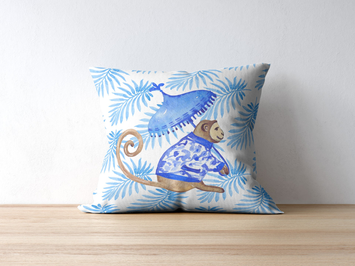 Borneo II Outdoor Pillows Chinoiserie Monkey Palm Blue