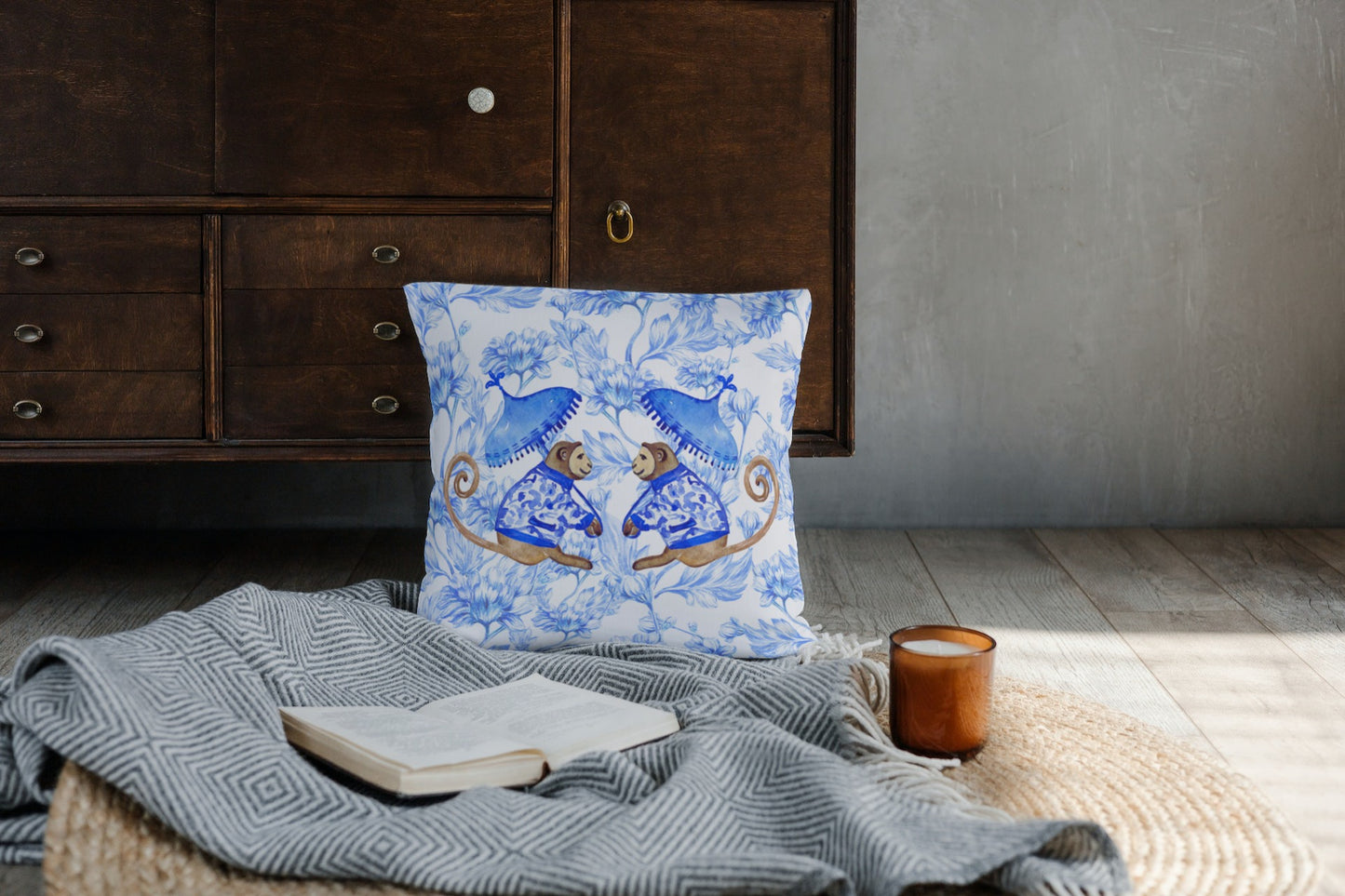 Chinoiserie Monkeys Cotton Pillows Blue Floral