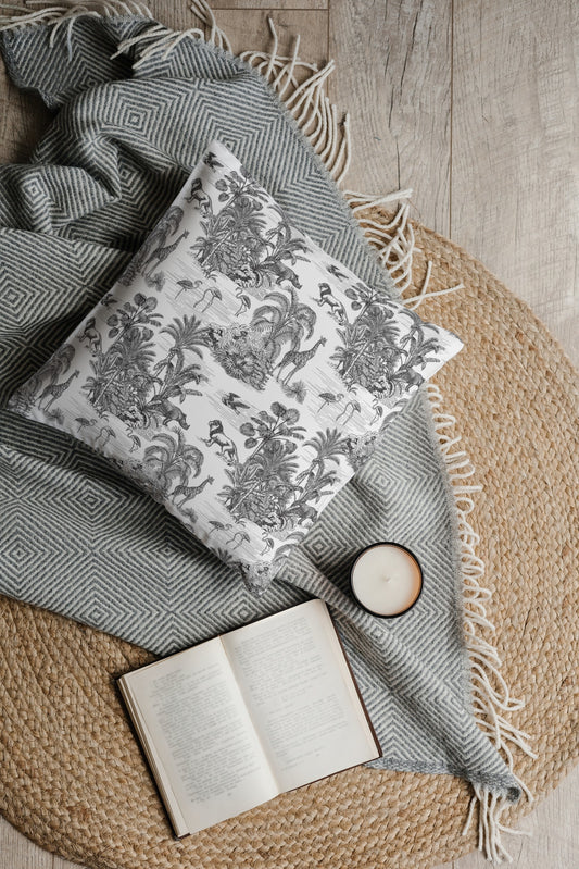 Chinoiserie Jungle Cotton Pillows Toile de Jouy Black White