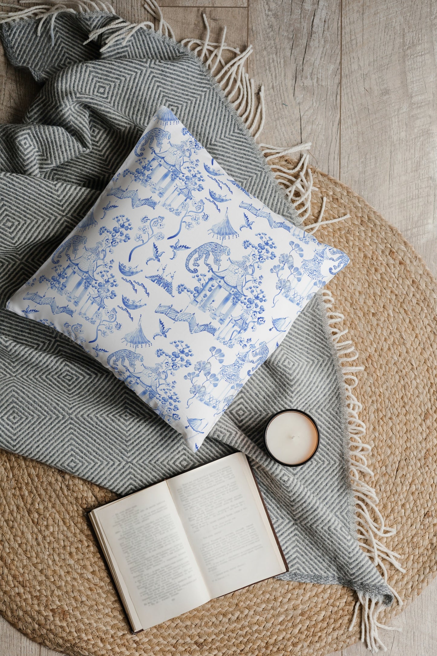 Monkey Jungle Outdoor Pillows Chinoiserie Soft Blue Toile
